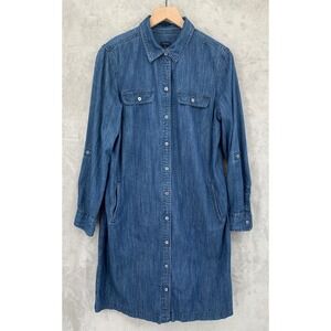 Talbots Dress 14 Blue Denim Button Front Long Sleeve Pockets Casual Jean Preppy